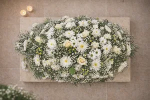 Пиафлора с бели хризантеми и рози – модел 22