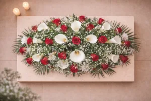 Пиафлора с бели кали и червени рози – модел 14