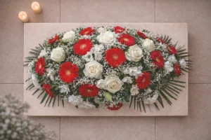 Пиафлора с червени гербери, бели рози и фрезии – модел 15