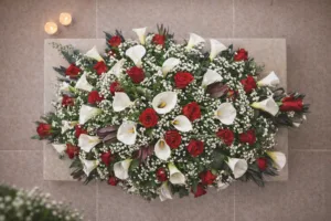 Пиафлора с червени рози и бели кали – модел 29