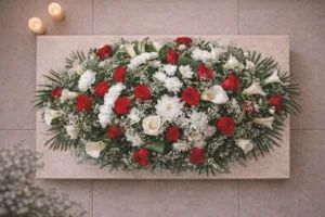 Пиафлора с кали, червени рози и бели хризантеми – модел 18